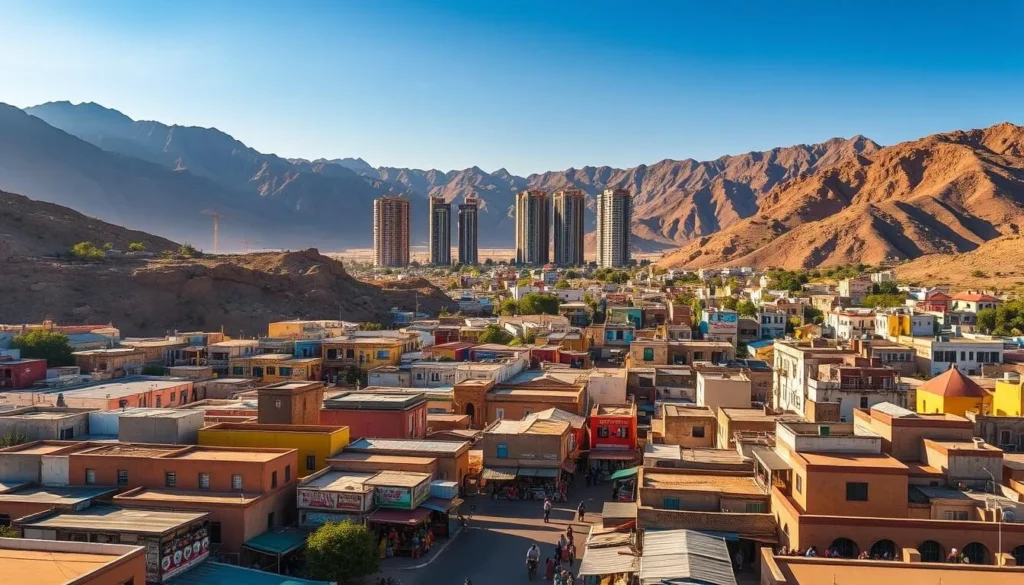 A sweeping cityscape of Hargeysa, Somaliland's vibrant capital, nestled among rugged, sun-drenched hills. In the foreground, bustling streets lined with brightly colored buildings, markets, and shops brimming with local wares. Mid-ground, towering modern skyscrapers stand in striking contrast to the traditional architecture. In the background, majestic mountains loom, their slopes dotted with lush greenery. Warm, golden sunlight bathes the scene, casting long shadows and imbuing the city with a sense of energy and vitality. Capture the heart of Somaliland, where ancient traditions and progressive modernity coexist in perfect harmony.