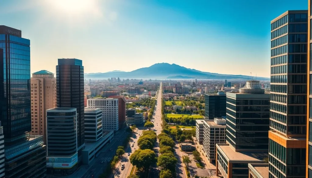 A sweeping cityscape of Monterrey, Mexico's modern metropolitan hub, basking in the warm glow of a sun-drenched afternoon. In the foreground, a bustling street lined with towering skyscrapers and high-rise buildings, their glass facades reflecting the brilliant azure sky. The middle ground reveals the iconic Cerro de la Silla mountain range, its jagged peaks standing tall against the horizon. In the distance, the urban sprawl extends, punctuated by verdant parks and plazas, creating a harmonious blend of modernity and nature. Capture the energy and dynamism of this thriving city, where the old and new coexist in a captivating symphony.