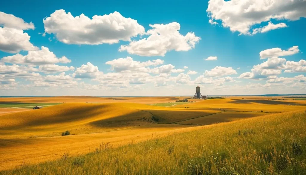 A sweeping landscape of the Canadian Prairies, the geographic center of North America stands tall. Rolling hills and lush meadows stretch out beneath a brilliant blue sky, dotted with fluffy white clouds. In the distance, a solitary grain elevator rises up, a symbol of the region's agricultural heritage. The warm sunlight casts a golden glow, illuminating the scene with a sense of tranquility and wonder. A perfect representation of Winnipeg's cultural heartland, where the vast wilderness meets the vibrant urban center.