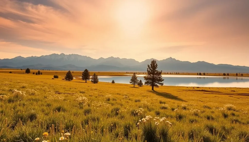 A sweeping landscape of the Modoc Plateau in northeastern California, bathed in warm, golden light. In the foreground, a lush meadow dotted with wildflowers sways gently in a light breeze. Distant mountains rise majestically, their jagged peaks capped with pristine snow. A tranquil lake reflects the sky, creating a serene mirror-like surface. Scattered pine and juniper trees dot the middle ground, casting long shadows across the scene. The atmosphere is one of peaceful solitude, inviting the viewer to immerse themselves in the natural beauty of this unspoiled wilderness.