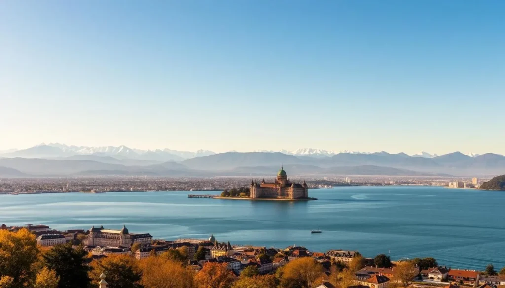 A sweeping panorama of Lausanne's cityscape, with the serene waters of Lake Geneva glistening in the foreground. Majestic mountains rise in the distance, their snow-capped peaks touching the clear, azure sky. In the middle ground, the historic city center unfolds, its charming buildings and elegant architecture reflecting in the calm lake. Warm, golden sunlight bathes the scene, creating a inviting, tranquil atmosphere. A keen eye will spot the iconic Château d'Ouchy, a landmark of the Olympic capital, standing proudly on the lakeshore. This captivating vista perfectly encapsulates the natural beauty and vibrant character of Lausanne.