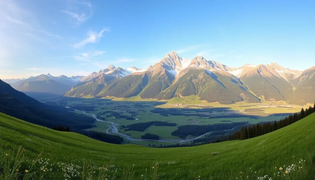 A sweeping panorama of the Canton Uri landscape, capturing the timeless beauty of Switzerland's historic heartland. In the foreground, verdant meadows dotted with wildflowers sway gently in the breeze. Towering peaks of the Swiss Alps rise majestically in the middle ground, their snow-capped summits glistening under the warm, golden sunlight. Streams and rivers wind their way through the valleys, reflecting the grandeur of the surrounding mountains. The scene exudes a sense of tranquility and serenity, inviting the viewer to immerse themselves in the serene, pastoral charm of this picturesque region.