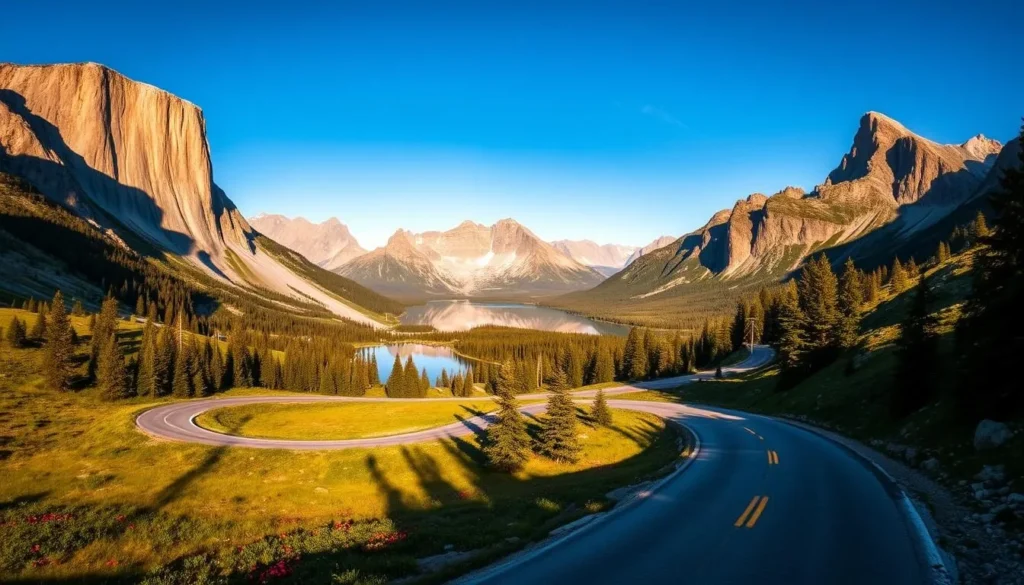 A sweeping panorama of the Warner Mountains Scenic Drive, with towering granite peaks reaching into the azure sky. In the foreground, a winding asphalt road snakes through lush alpine meadows, dotted with vibrant wildflowers. Scattered pine and fir trees line the route, casting dappled shadows across the scene. In the middle ground, a pristine glacial lake reflects the rugged mountain range, its mirrored surface broken by the occasional rise of a ripple. Warm, golden sunlight bathes the landscape, creating a sense of tranquility and adventure. Capture this breathtaking intersection of nature's grandeur and the human-forged path that allows us to experience it.