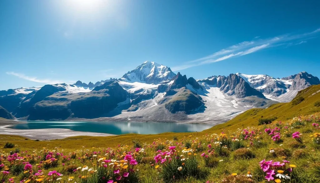 A sweeping panorama of the majestic Mont Collon, its snow-capped peaks rising majestically against a backdrop of azure skies. In the foreground, a lush alpine meadow carpeted with vibrant wildflowers sways gently in the cool mountain breeze. In the middle ground, a crystal-clear glacial lake reflects the towering rock formations, creating a serene and tranquil atmosphere. The warm, golden light of the sun bathes the scene, casting a warm glow over the rugged yet beautiful landscape. Capture the essence of this stunning natural wonder, a true haven for nature lovers seeking to immerse themselves in the breathtaking beauty of the Swiss Alps.