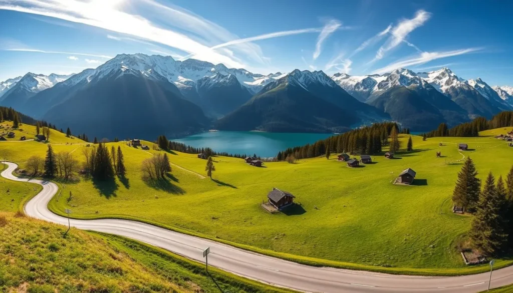 A sweeping panorama of the picturesque Nidwalden landscape, bathed in the warm glow of a sunny afternoon. In the foreground, a winding mountain road snakes through verdant meadows, dotted with grazing cattle and quaint wooden chalets. The middle ground features a crystal-clear lake, its surface mirroring the majestic snow-capped peaks that rise up in the background, casting long shadows across the scene. Wispy clouds drift lazily overhead, adding to the serene, tranquil atmosphere. Capture this idyllic Alpine setting with a medium-wide lens, framing the scene to emphasize the harmony between the natural elements and the human-built environment.