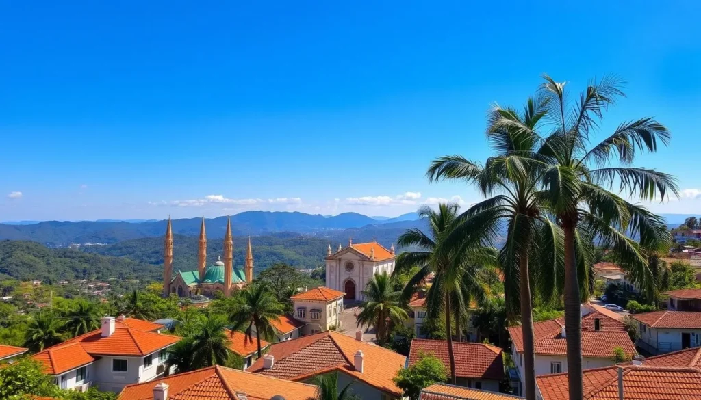 A sweeping panoramic view of Antipolo City, nestled in the lush rolling hills. In the foreground, quaint houses and buildings dot the landscape, their roofs adorned with terracotta tiles. Towering palm trees sway gently in the breeze, casting soft shadows across the scene. The middle ground is dominated by the majestic Antipolo Cathedral, its elegant spires reaching towards the cloudless azure sky. In the distance, the horizon is framed by a range of verdant mountains, their peaks bathed in the warm glow of the afternoon sun. The overall atmosphere is one of tranquility and charm, inviting the viewer to explore the natural beauty and cultural heritage of this vibrant Philippine city.
