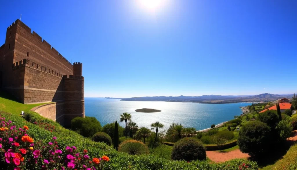 A sweeping panoramic view of the historic Fort San Felipe, nestled along the picturesque coastline of La Laguna, Mexico. The ancient stone walls and turrets stand tall, casting long shadows under the warm, golden sunlight. In the foreground, a lush, verdant garden frames the scene, with vibrant flowers and well-manicured shrubbery. The middle ground reveals the shimmering waters of the nearby lagoon, reflecting the fort's grand silhouette. In the distance, rolling hills and a cloudless azure sky complete the serene, tranquil atmosphere. Captured through a wide-angle lens, this image conveys the timeless beauty and historical significance of Fort San Felipe, inviting the viewer to explore this captivating destination.