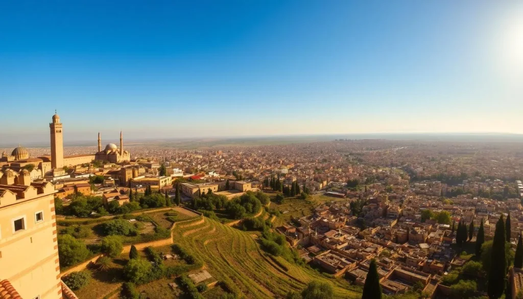 A sweeping panoramic view of the historic city of Fes, Morocco, captured from a scenic overlook. The iconic skyline of tightly-packed, ochre-colored buildings is punctuated by the towering minarets of ornate mosques, casting long shadows across the winding alleyways below. In the foreground, the lush, terraced gardens of the Fes Medina spread out, offering a serene contrast to the bustling city streets. The sun casts a warm, golden glow over the entire scene, illuminating the intricate details of the ancient architecture. A cloudless azure sky stretches out in the distance, completing the picturesque vista that showcases the timeless beauty and charm of this historic Moroccan city.