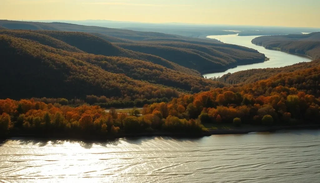 A sweeping panoramic view of the majestic Mississippi River, framed by the verdant bluffs of Hannibal, Missouri. In the foreground, the river lazily flows, its glimmering surface reflecting the warm golden rays of the afternoon sun. The middle ground is dotted with lush, rolling hills, their slopes covered in a tapestry of vibrant greens, browns, and autumnal hues. In the distance, the river winds its way through the landscape, disappearing into the hazy horizon. The scene is bathed in a soft, natural light, creating a serene and picturesque atmosphere that perfectly captures the tranquil beauty of this Midwestern riverscape.