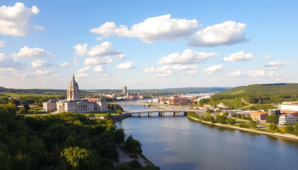 A sweeping view of the Missouri River as it flows through the historic city of Jefferson City, Missouri. The riverbanks are lined with lush green trees and rolling hills, bathed in the warm glow of the afternoon sun. In the foreground, the iconic Missouri State Capitol building stands tall, its limestone facade gleaming. Across the river, the bustling downtown area is visible, with a mix of old and new architecture. Fluffy white clouds drift lazily overhead, casting gentle shadows on the scene below. The overall atmosphere is one of tranquility and timeless charm, capturing the essence of this picturesque state capital.