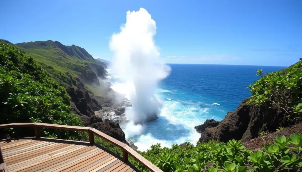 A sweeping view of the Spouting Horn blowhole on the rugged coastline of Kauai, Hawaii. In the foreground, a wooden observation deck offers visitors a prime vantage point to witness the dramatic natural spectacle. The powerful waves crash against the volcanic rock, creating a towering plume of mist and spray that erupts skyward, casting a mesmerizing display of light and motion. The middle ground features lush, verdant foliage framing the scene, while the distant background showcases the serene azure ocean and a clear, sunny sky. The overall atmosphere conveys a sense of awe and tranquility, inviting the viewer to fully immerse themselves in the captivating natural wonder.