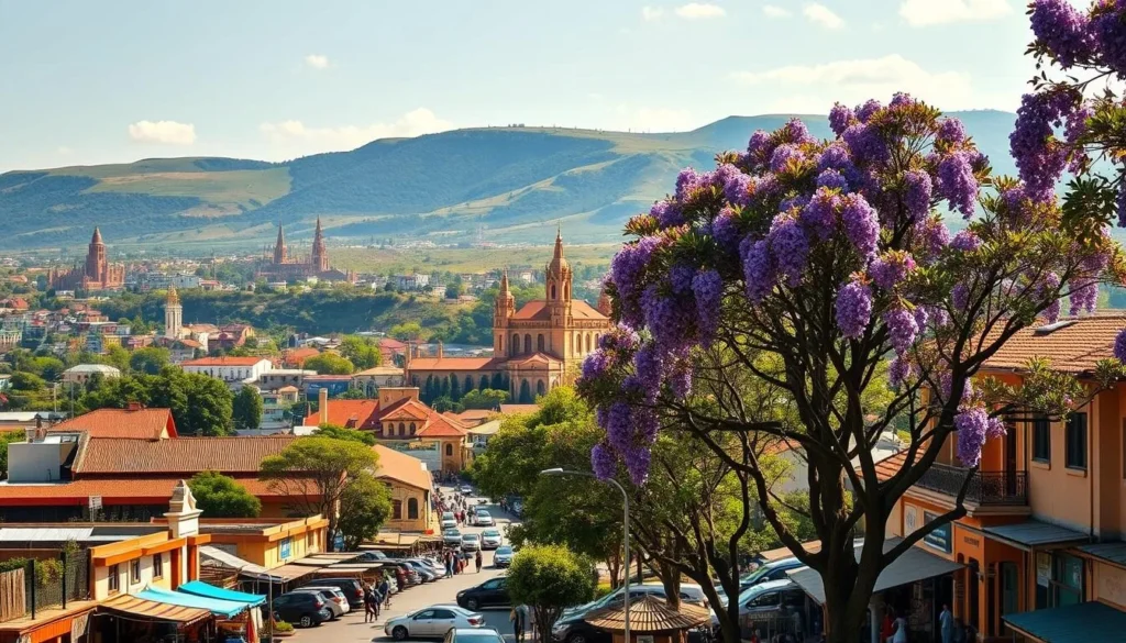 A sweeping vista of Antananarivo, the vibrant capital of Madagascar, on a sun-dappled day. In the foreground, bustling streets lined with colorful buildings and lively street markets. Interspersed, towering jacaranda trees in full bloom, their purple blossoms cascading. The mid-ground features the iconic Rova Palace, its unique Merina-style architecture commanding attention. Beyond, the hilly cityscape rises, dotted with tiled roofs and church spires. In the distance, the lush, verdant slopes of the surrounding highlands frame the scene, bathed in warm, golden light. An air of energy and cultural richness pervades the cityscape, inviting the viewer to explore the charms of Antananarivo.