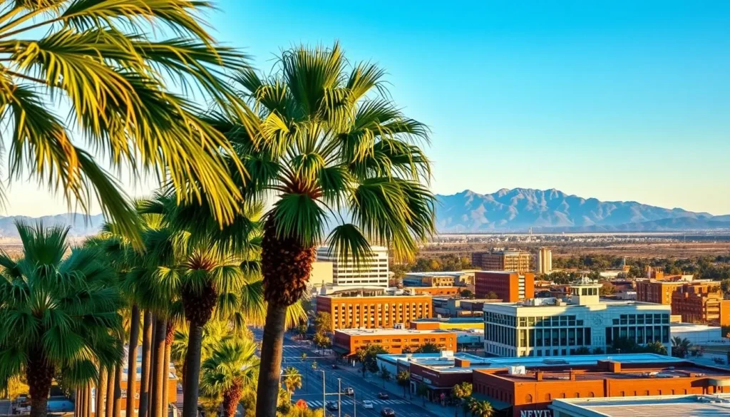 A sweeping vista of Bakersfield's downtown skyline, bathed in the warm glow of a California afternoon. In the foreground, lush palm trees sway gently, casting dappled shadows across the bustling streets below. The middle ground features a mix of modern high-rises and historic brick buildings, their architectural details sharply defined by the clear, crisp light. In the distance, the rugged Tehachapi Mountains rise up, their peaks dusted with a hint of snow. The overall scene conveys a sense of vibrant urban energy balanced by the tranquility of the natural surroundings, capturing the essence of Bakersfield as a hidden gem within the Golden State.