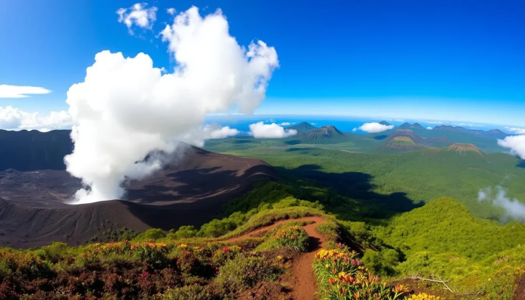A sweeping vista of Hawai'i Volcanoes National Park, the Big Island's dramatic volcanic landscape. In the foreground, billowing clouds of steam rise from the active Kilauea Volcano, its smoldering caldera visible against the azure sky. In the middle ground, a winding hiking trail leads through a lush, verdant forest, dotted with vibrant tropical flora. In the distance, the silhouettes of ancient volcanic peaks pierce the horizon, their rugged slopes and valleys carved by millennia of eruptions. Capture the park's raw, primal beauty with a wide-angle lens, natural lighting, and a sense of immersive scale, inviting the viewer to explore this wonder of the natural world.