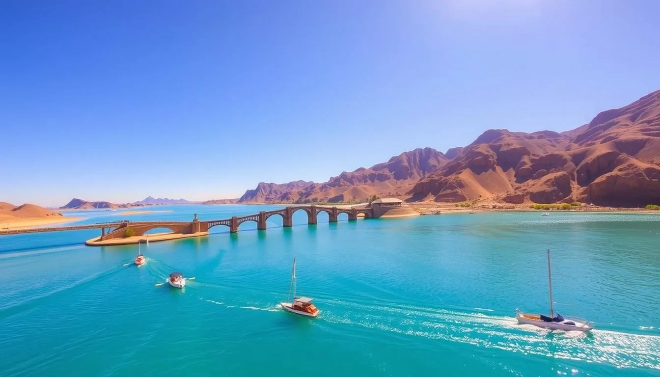 A sweeping vista of Lake Havasu, Arizona, under a bright azure sky. In the foreground, the crystal-clear turquoise waters of the lake glisten, dotted with recreational boats and paddlers. The middle ground features the iconic London Bridge, its stone arches and towers reflected in the calm surface. In the background, rugged desert mountains rise, their craggy slopes painted in shades of tan and ochre. Warm, golden sunlight bathes the scene, creating a serene, inviting atmosphere. Capture the beauty and tranquility of this beloved desert oasis.