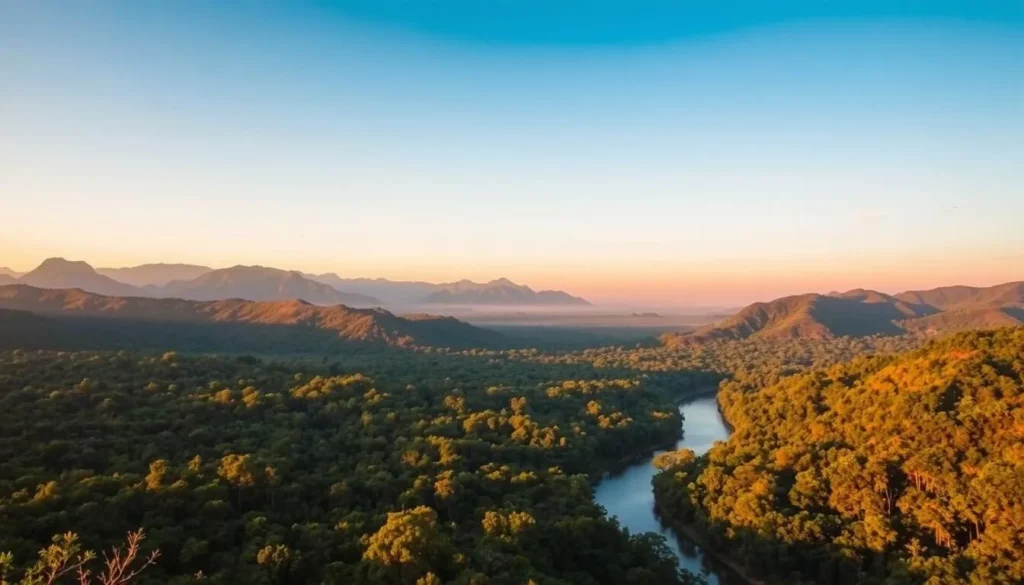 A sweeping vista of Mondulkiri's untamed landscape, bathed in warm golden light. In the foreground, a meandering river reflects the vibrant hues of the lush, verdant forest canopy. Rugged, rolling hills rise in the distance, their silhouettes softened by a hazy blue mist. Amidst the tranquil scene, a few wispy clouds drift lazily across the clear, azure sky. The whole composition has a sense of serene, unspoiled wilderness, capturing the essence of Cambodia's remote and enchanting northeast region.