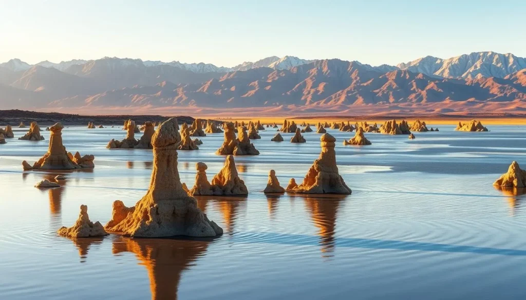 A sweeping vista of Mono Lake's otherworldly landscape, bathed in warm, golden afternoon light. In the foreground, the lake's iconic tufa towers rise from the still, reflective waters, their alien shapes casting long shadows. The middle ground is dotted with clusters of these natural sculptures, while in the distance, the rugged Sierra Nevada mountains form a dramatic backdrop, their snow-capped peaks glowing under a clear, azure sky. A gentle breeze ruffles the surface of the lake, creating mesmerizing patterns that mirror the shapes above. The scene exudes a sense of timeless tranquility, inviting the viewer to immerse themselves in the unique and captivating beauty of Mono Basin.