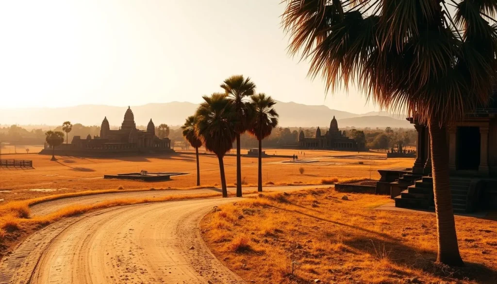 A sweeping vista of Siem Reap's dry season, bathed in warm, golden light. In the foreground, a dusty road winds through a landscape of parched, ochre-hued fields dotted with palm trees, their fronds swaying gently in the breeze. The middle ground reveals the silhouettes of ancient temple ruins, their weathered stone facades casting long shadows across the arid ground. In the distance, the hazy blue mountains of the Cambodian countryside rise up, forming a majestic backdrop to this timeless scene. The atmosphere is one of tranquility and timelessness, capturing the essence of Siem Reap's dry season between November and April.