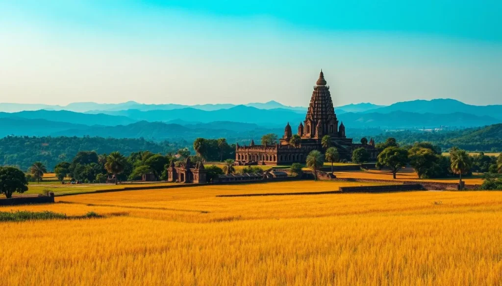 A sweeping vista of Takeo province, Cambodia's cradle of civilization. In the foreground, lush rice paddies stretch out, bathed in warm, golden sunlight. In the middle ground, a towering ancient temple complex stands, its weathered sandstone walls and intricate carvings a testament to the region's rich history. Framing the scene, the distant blue hues of rolling hills recede into the horizon, creating a sense of depth and grandeur. The atmosphere is serene and tranquil, inviting the viewer to immerse themselves in the timeless beauty of this picturesque province.
