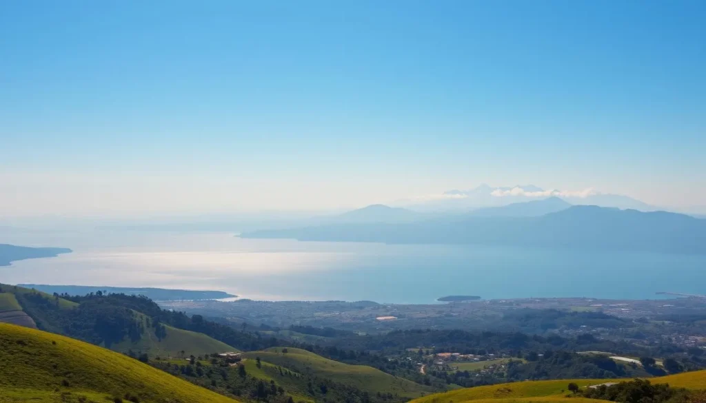 A sweeping vista of the Kivu region in the Democratic Republic of the Congo unfolds before the viewer. In the foreground, lush, verdant hills roll gently, dotted with small villages and farms. The midground features the shimmering expanse of Lake Kivu, its tranquil waters reflecting the azure sky above. In the distance, the towering peaks of the Rwenzori Mountains rise majestically, their snow-capped summits glowing in the warm, golden light of a clear afternoon. The scene exudes a sense of tranquility and timeless beauty, capturing the essence of this picturesque region steeped in history and natural wonder.