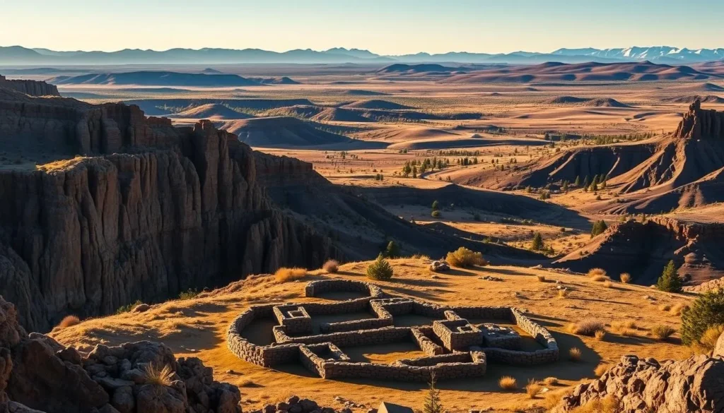 A sweeping vista of the Modoc Plateau, bathed in the warm glow of a late afternoon sun. In the foreground, rugged basalt cliffs and ancient lava flows, carved by time and weather into a maze of crevices and hollows. Nestled among these geological wonders, the remnants of an indigenous village, with stone foundations and earthen mounds hinting at the rich cultural heritage of the region. In the middle ground, rolling hills dotted with juniper and sagebrush, leading the eye towards distant snow-capped peaks. The scene is imbued with a sense of timelessness, a place where the past and present coexist in harmony, inviting the viewer to explore and discover the Modoc Plateau's enduring cultural legacy.