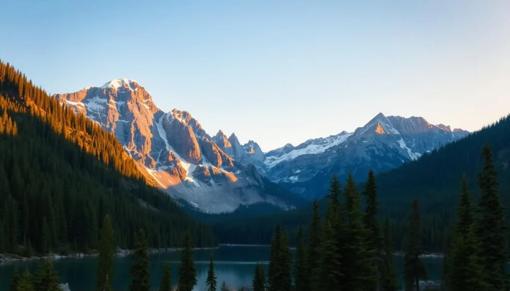 A sweeping vista of the majestic Cascade Mountains, bathed in the warm glow of a golden hour sunset. In the foreground, a crystal-clear alpine lake reflects the rugged peaks, their snow-capped summits piercing the vibrant azure sky. Verdant evergreen forests climb the mountainsides, their towering silhouettes casting long shadows across the serene landscape. A gentle breeze rustles the lush foliage, creating a tranquil atmosphere of natural wonder and timeless beauty. Capture the grandeur and majesty of this pacific northwest paradise, framed by a picturesque landscape of towering mountains, pristine forests, and tranquil waters.