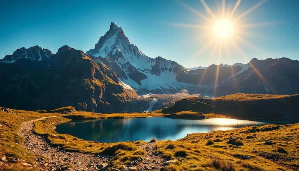 A sweeping vista of the majestic Weisshorn, captured through the lens of a professional photographer. In the foreground, a rugged mountain trail winds through lush alpine meadows, leading the eye towards the towering peak. The middle ground features a crystalline lake, its still waters reflecting the snow-capped summit in breathtaking detail. Bathed in warm, golden light, the Weisshorn dominates the background, its jagged ridges and glacial slopes creating a dramatic, awe-inspiring silhouette against the azure sky. The scene evokes a sense of serene adventure, inviting the viewer to explore the captivating vantage points that this iconic Swiss mountain has to offer.