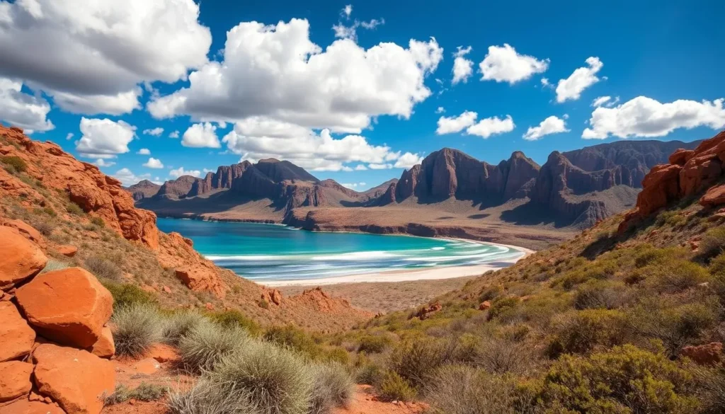 A sweeping vista of the rugged Cape Range National Park, Western Australia. In the foreground, sun-dappled red rocks and desert scrub lead the eye towards a stunning turquoise ocean, where gentle waves lap against a pristine white-sand beach. In the middle ground, the craggy limestone cliffs of the range rise majestically, their jagged silhouettes framed against a brilliant azure sky. Overhead, fluffy cumulus clouds drift lazily, casting soft shadows over the land. The scene exudes a sense of peaceful solitude, inviting the viewer to immerse themselves in the untamed beauty of this remarkable natural wonder.