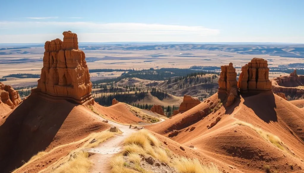 A sweeping vista of the rugged badlands landscape of Theodore Roosevelt National Park's North Unit. In the foreground, towering sandstone formations rise majestically, their weathered surfaces sculpted by wind and time. A winding path leads through the ochre-hued terrain, inviting exploration. The middle ground features a panoramic view of rolling hills and deep ravines, painted in a tapestry of greens, golds, and browns. In the distance, the horizon is dotted with the silhouettes of hardy pines and junipers, set against a bright, azure sky. Warm, directional lighting casts dramatic shadows, evoking a sense of timeless grandeur. Capture the majestic spirit of this protected natural wonder in the heart of North Dakota.