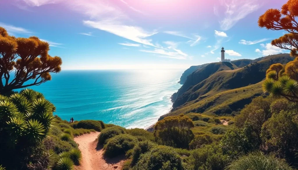 A sweeping vista of the stunning Cape Byron National Park, situated on the northeastern coast of New South Wales. In the foreground, a sun-dappled trail winds through lush, verdant vegetation, inviting exploration. The middle ground showcases the iconic Cape Byron Lighthouse, its white towers standing tall against the azure sky. In the distance, the sparkling turquoise waters of the Tasman Sea stretch out to the horizon, framed by rugged, sun-kissed cliffs. Warm, golden light filters through wispy clouds, creating a serene and captivating atmosphere. Capture the natural beauty and tranquility of this magnificent coastal park.