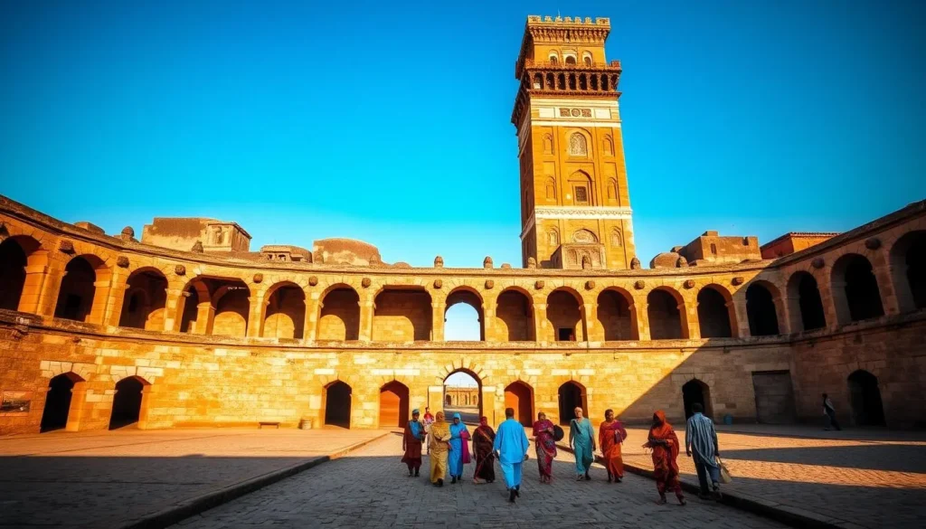 A towering ancient structure stands proudly against a clear blue sky, its intricate stone carvings and archways casting long shadows across the sun-dappled courtyard below. In the foreground, a group of locals in vibrant traditional attire wander the cobblestone paths, adding a lively human element to the timeless scene. The warm, golden lighting and shallow depth of field create a sense of timeless tranquility, inviting the viewer to step into the cultural heritage of Zaria, Nigeria.