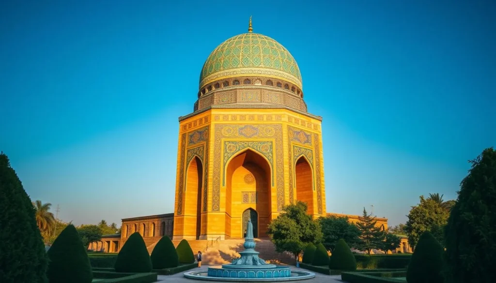 A towering mausoleum standing majestically against a clear blue sky, the Gur-e-Amir in Samarkand, Uzbekistan is a stunning example of Central Asian architecture. The domed structure, adorned with intricate tiles in shades of azure and turquoise, casts a warm glow in the afternoon sun. Surrounding the mausoleum, lush green gardens with ornate water features invite visitors to explore the serene grounds. Capture the grandeur of this historical site, framed by the striking contrast of the vibrant colors and the tranquil atmosphere.