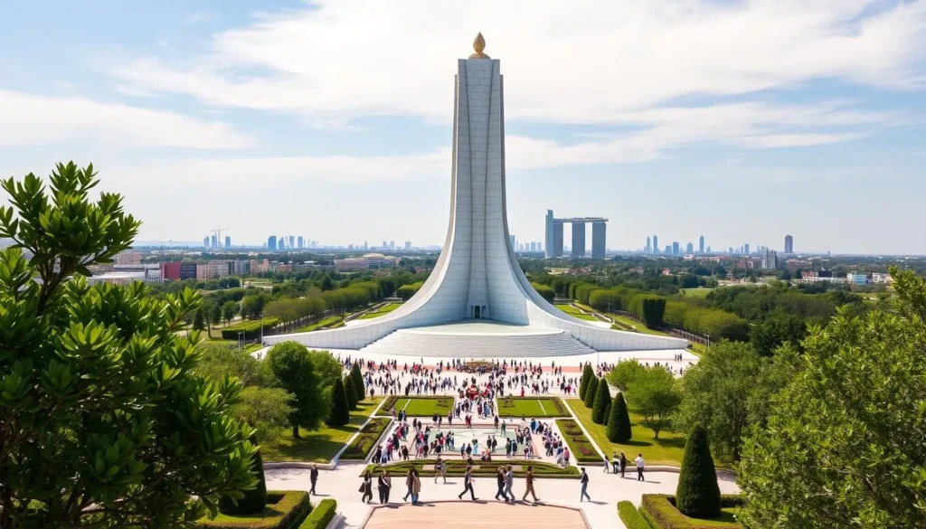 A towering monument stands proud in the heart of Ashgabat, Turkmenistan, its intricate architecture shimmering under the warm sun. The monument's striking white marble façade reflects the city's vibrant energy, its graceful curves and sharp angles a testament to the nation's architectural prowess. In the foreground, lush greenery and neatly manicured gardens frame the scene, creating a serene and picturesque setting. The middle ground features a bustling square, with locals and visitors alike milling about, captivated by the monument's grandeur. In the background, the city's skyline rises, a harmonious blend of modern and traditional buildings. The overall atmosphere exudes a sense of pride, showcasing Ashgabat's rich cultural heritage and its status as a must-visit destination.