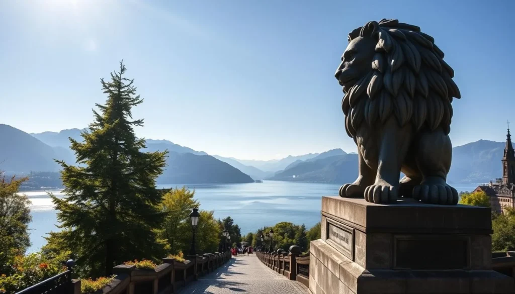 A towering stone lion overlooking the serene waters of Lake Lucerne, its majestic presence capturing the storied history of this picturesque Swiss city. Sunlight dances across the detailed carved features, casting warm shadows that accentuate the monument's powerful stance. In the foreground, lush greenery and cobblestone pathways lead visitors towards the iconic landmark, inviting them to explore its significance. The middle ground reveals the serene lake, its surface reflecting the surrounding mountains and historic architecture. In the distance, the alpine peaks of the Vierwaldstättersee region rise majestically, completing the breathtaking landscape. This stunning scene embodies the rich cultural heritage and natural beauty that captivates history enthusiasts exploring the wonders of Lucerne.