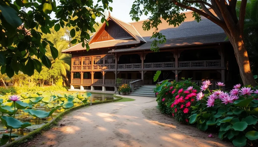 A traditional Mekong Delta historical house set amidst lush tropical foliage. The ornately carved wooden facade casts long shadows under the warm afternoon sun. The building sits atop raised stilts, with a sloping tile roof and shaded verandas. Lotus ponds and tranquil waterways reflect the structure's intricate architectural details. In the foreground, a dirt path leads visitors towards the entrance, flanked by vibrant flowering plants. The overall atmosphere evokes a sense of timeless elegance and cultural heritage.