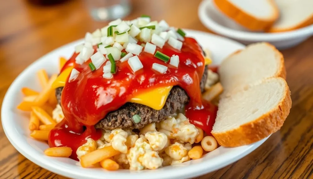 A traditional Rochester Garbage Plate with macaroni salad, home fries, cheeseburgers, and meat sauce A traditional Rochester Garbage Plate with macaroni salad, home fries, cheeseburgers, and meat sauce