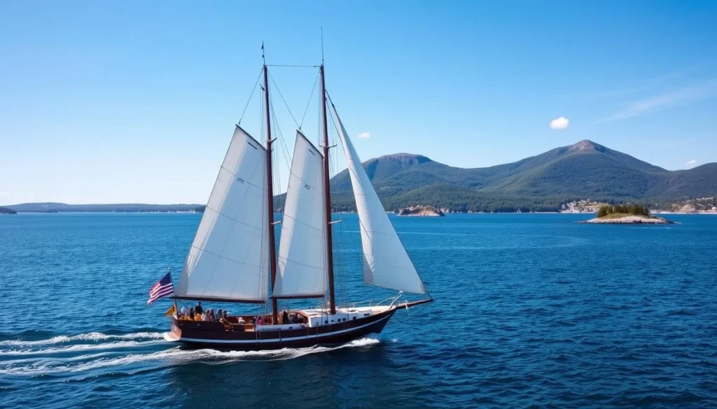 A traditional wooden schooner sailing on Penobscot Bay with Camden Hills in the background A traditional wooden schooner sailing on Penobscot Bay with Camden Hills in the background
