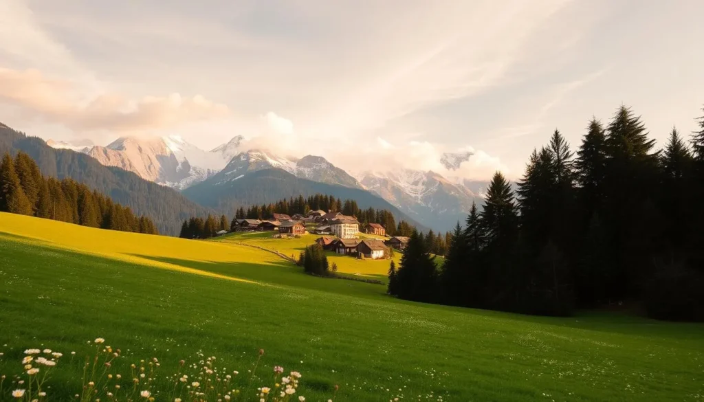 A tranquil Alpine landscape in Aargau, Switzerland, bathed in warm afternoon light. A lush green meadow dotted with wildflowers stretches out, leading the eye towards a rolling hill in the middle distance. Atop the hill, a charming village with quaint, tiled-roof houses nestled amidst towering pine trees. In the background, majestic snow-capped peaks rise up, their rugged beauty accentuated by soft, wispy clouds. A serene, pastoral scene captured with a wide-angle lens to convey a sense of expansive grandeur and the peaceful solitude of this hidden gem of a landscape.
