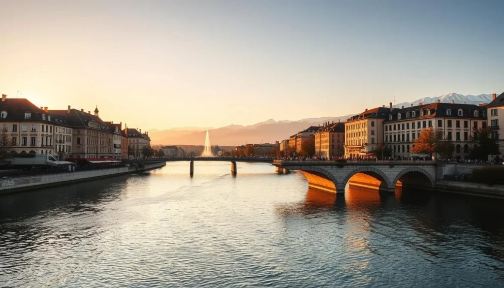 A tranquil Geneva cityscape, bathed in the warm glow of a shoulder season sunset. In the foreground, a picturesque bridge spanning the serene waters of the Rhône River, its stone arches reflecting the golden hues. Middle-ground features the quaint historic buildings of the old town, their charming facades adorned with flower-filled window boxes. In the distance, the iconic silhouette of the Jet d'Eau fountain and the snow-capped peaks of the Jura mountains, creating a breathtaking panoramic view. The scene exudes a sense of timeless European elegance, perfect for a weather-savvy trip to Geneva during the shoulder seasons.