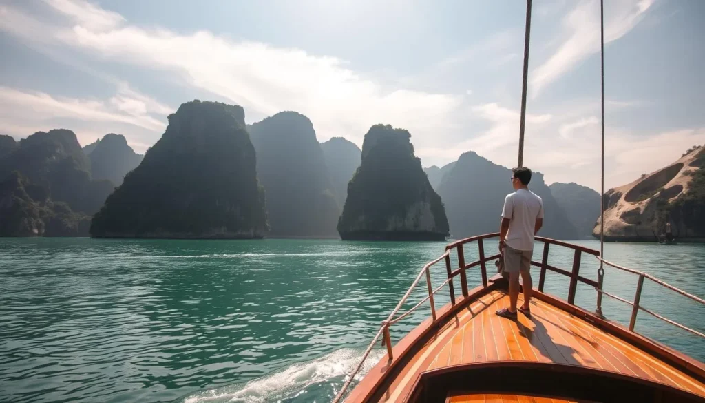 A tranquil Halong Bay cruise on a wooden junk boat, gliding gently through the serene emerald-green waters. The iconic limestone karsts rise majestically in the background, their jagged peaks casting long shadows across the calm surface. Warm sunlight filters through wispy cirrus clouds, illuminating the boat's wooden deck and creating a soft, golden glow. A single tourist stands at the bow, taking in the breathtaking scenery and experiencing the solitude of this uncrowded moment. The atmosphere is one of peaceful contemplation, inviting the viewer to imagine themselves on this serene voyage, away from the crowds.