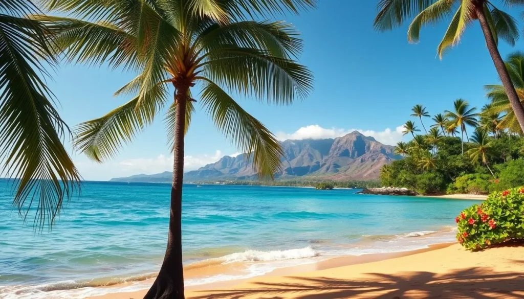 A tranquil Hawaiian beach scene with turquoise waters lapping against a golden sand shore. In the foreground, coconut palm trees sway gently in a light breeze, their fronds casting dappled shadows. The middle ground features a lush tropical landscape, with vibrant hibiscus flowers and verdant foliage. The background showcases a stunning mountainous silhouette, its peaks glowing under the warm, diffused lighting of the midday sun. The overall mood is serene and inviting, capturing the essence of the ideal time to visit this idyllic island paradise.
