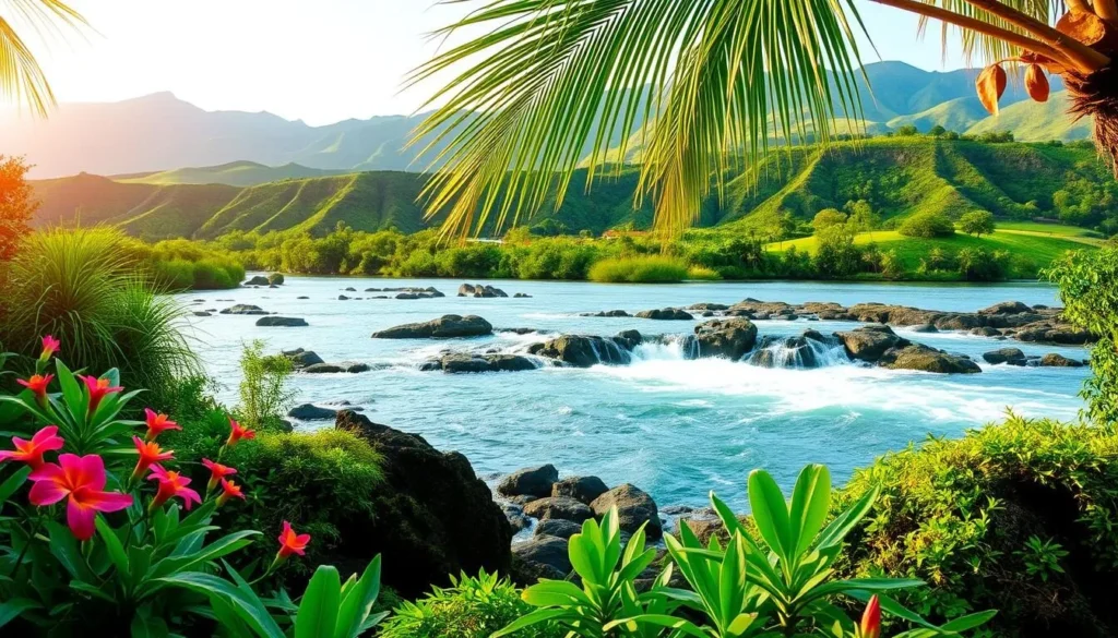 A tranquil Hawaiian landscape, featuring the Wailuku River and its lush, verdant banks. In the foreground, native Hawaiian flora - vibrant tropical flowers, swaying palm fronds, and moss-covered rocks. The middle ground reveals the river's rushing waters, cascading over ancient basalt formations, a testament to the island's geological history. In the background, the rolling green hills and distant mountains evoke a sense of timeless cultural heritage. Warm, diffused sunlight filters through the scene, creating a serene, contemplative atmosphere. The image captures the essence of Wailuku River State Park's natural and cultural significance.