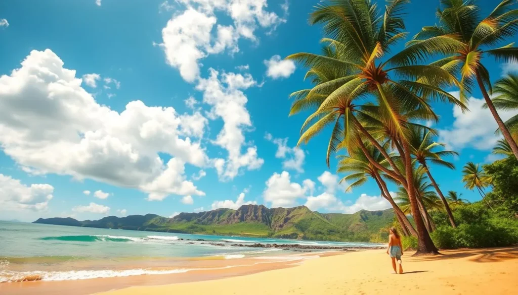A tranquil Kauai summer day, sun-dappled beaches and lush, verdant landscapes. Gentle waves caress the golden sands, while swaying palm trees cast dancing shadows. Fluffy white clouds drift across a vibrant azure sky, hinting at the island's legendary tropical climate. In the foreground, a lone beachgoer strolls leisurely, taking in the serene atmosphere. The warm, inviting scene is captured through a wide-angle lens, showcasing Kauai's picturesque natural beauty in all its glory. The overall mood is one of relaxation, warmth, and the quintessential Hawaiian island escape.
