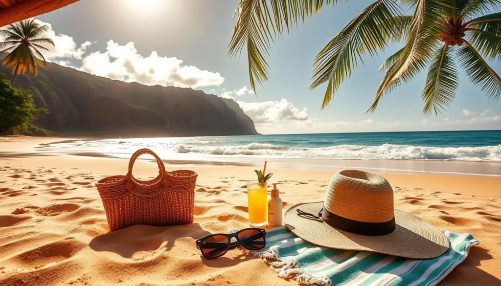 A tranquil Lanai beach scene under a bright, warm sun. In the foreground, a woven straw beach bag, sunglasses, and a towel laid out on the soft, golden sand. Nearby, a stylish wide-brimmed hat and a bottle of sunscreen sit alongside a refreshing tropical drink with a slice of pineapple. In the middle ground, gently lapping waves caress the shoreline, while lush, swaying palm trees frame the serene vista. In the background, rugged cliffs rise, casting long shadows on the picturesque landscape. The entire scene radiates a sense of relaxation and island escape.