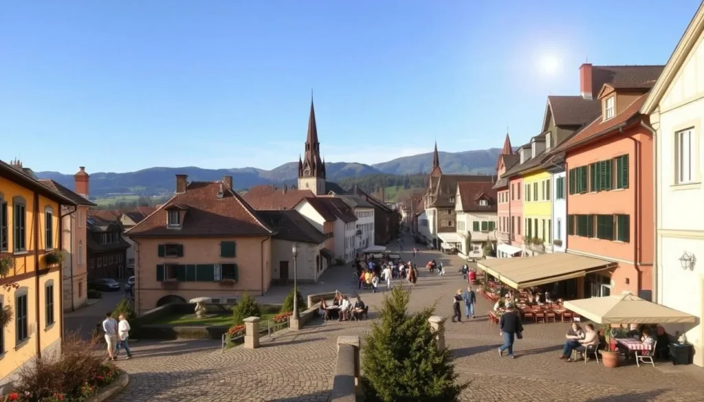 A tranquil Swiss town, Solothurn's charming streets and historic architecture set the stage for an idyllic travel experience. In the foreground, a quaint cobblestone path winds past beautifully preserved Baroque and Renaissance buildings, their colorful facades bathed in warm, golden sunlight. In the middle ground, a bustling town square comes alive with locals and visitors strolling, dining at cozy cafes, and browsing the vibrant weekly market. The background features the majestic Jura Mountains, their rolling slopes and peaks creating a picturesque backdrop. Capture the essence of Solothurn's timeless appeal through this vibrant, realistic scene, conveying the perfect blend of history, culture, and natural beauty that awaits the discerning traveler.
