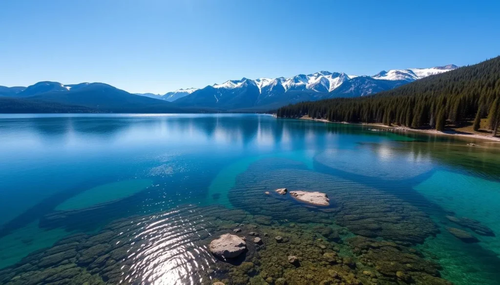 A tranquil aerial view of Donner Lake, California, showcasing its serene blue waters and lush, forested shores. The image captures the lake's impressive depth, with the water's clarity revealing the rocky contours of the lake bed below. Sunlight dances across the surface, creating a shimmering, mirror-like effect. In the background, the majestic Sierra Nevada mountains rise, their snow-capped peaks creating a stunning natural backdrop. The scene exudes a sense of peace and natural beauty, inviting the viewer to explore the depths and wonders of this iconic California lake.