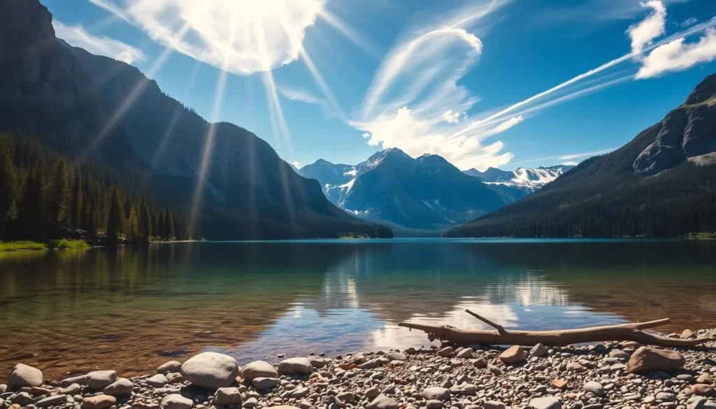 A tranquil alpine lake nestled amidst towering granite peaks, Lower Blue Lake invites exploration. Crystalline waters reflect the surrounding rugged mountains, their slopes clothed in lush evergreen forests. Beams of golden sunlight filter through wispy clouds, casting a warm glow over the serene scene. In the foreground, smooth stones and driftwood dot the pebbly shoreline, while in the distance, snowcapped summits rise majestically against a clear azure sky. This hidden gem in Mono County, California, beckons visitors to immerse themselves in its pristine natural beauty.