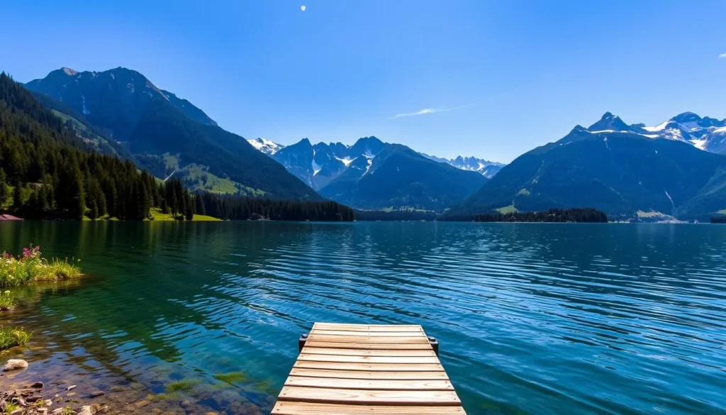 A tranquil alpine lake nestled amidst towering mountains, the waters of Obwalden Lake reflect the lush green forests and snow-capped peaks that surround it. Sunlight dances across the rippling surface, casting a warm, golden glow. In the foreground, a small wooden dock extends into the serene waters, inviting visitors to sit and take in the breathtaking panorama. Along the shore, clusters of wildflowers add splashes of vibrant color to the scene. The middle ground is dominated by the majestic mountain range, their rugged slopes casting dramatic shadows across the landscape. In the distance, a wisp of cloud drifts lazily through the crisp, azure sky, completing the idyllic alpine tableau.