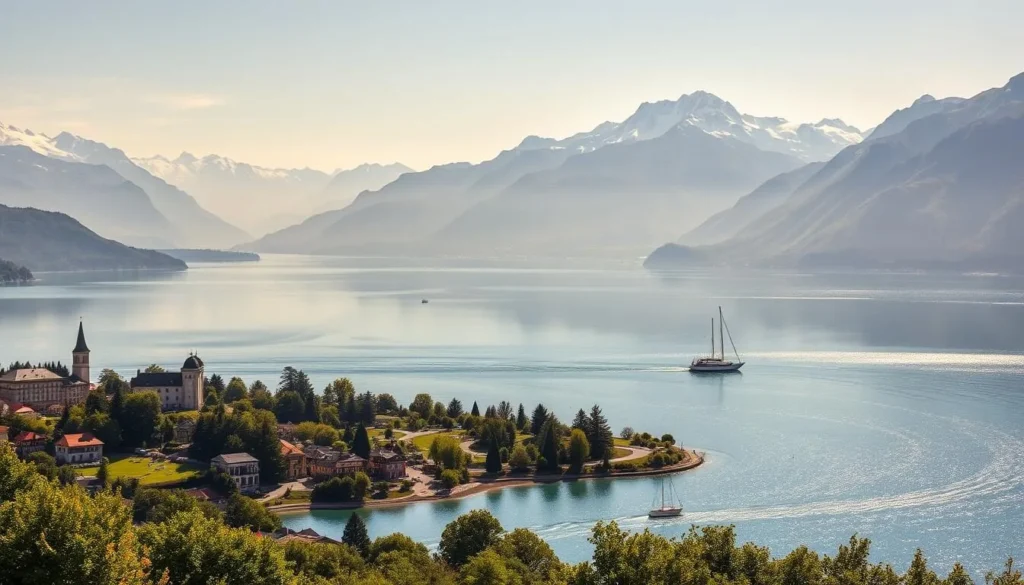 A tranquil alpine landscape, where the sparkling waters of Lake Geneva (Lac Léman) are framed by majestic snow-capped peaks. In the foreground, lush green shores dotted with quaint villages and historic mansions. In the middle ground, sailboats and ferries glide across the mirror-like surface, reflecting the surrounding alpine scenery. The background is dominated by the iconic Mont Blanc massif, its towering granite peaks kissed by golden sunlight. The scene is bathed in a warm, golden glow, creating a serene and picturesque atmosphere. Capture the essence of this Swiss alpine jewel in a wideangle, high-resolution photograph taken on a clear summer day.