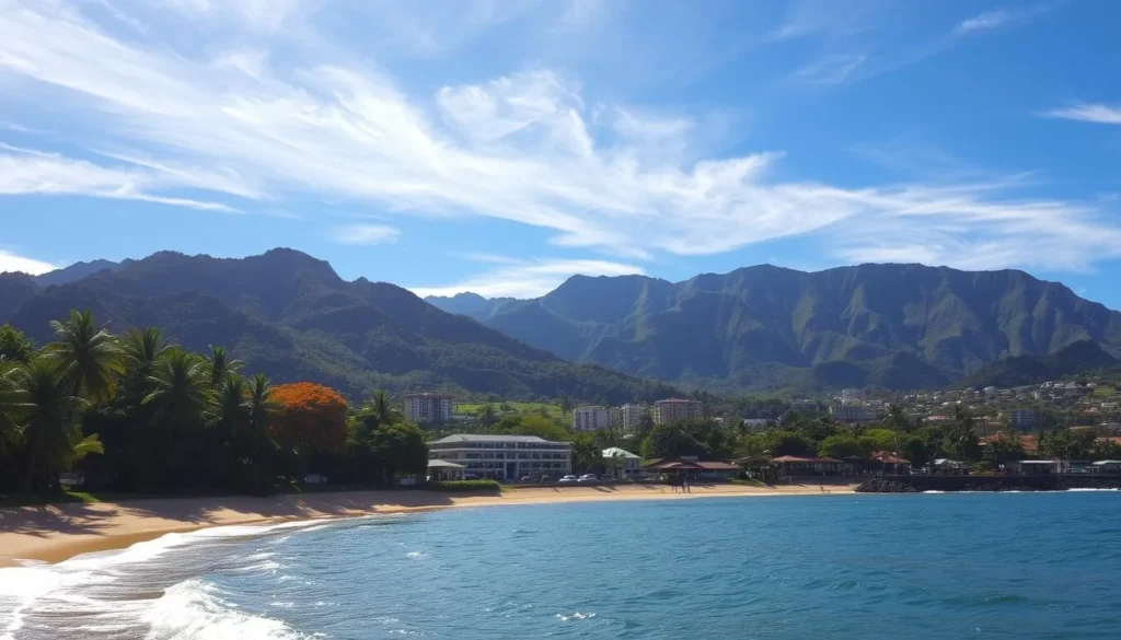 A tranquil autumn day in Honolulu, Oahu. Soft, warm sunlight bathes the lush, verdant landscape. Wispy cirrus clouds drift across the vibrant blue sky. In the foreground, a picturesque beach with gently lapping waves and swaying palm trees. The middle ground features a quaint seaside town, its colorful buildings and bustling streets. In the distance, the majestic silhouette of volcanic mountains rise, their slopes cloaked in a verdant mantle. The overall scene exudes a sense of peaceful serenity, capturing the hidden gem that is fall in this tropical paradise.